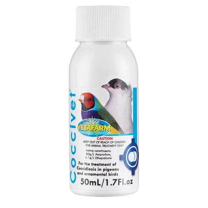 Vetafarm Coccivet 50ml bottle for bird parasite treatment, suitable for use with macaws and other pet birds.