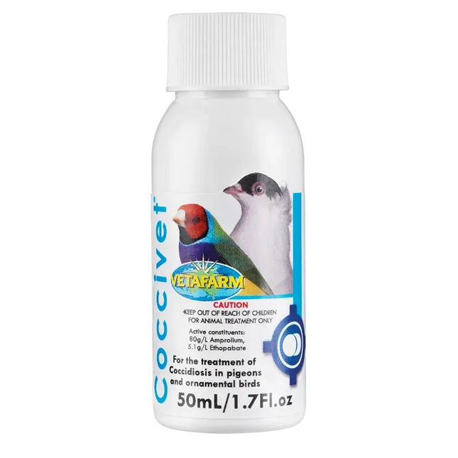 Vetafarm Coccivet 50ml bottle for bird parasite treatment, suitable for use with macaws and other pet birds.