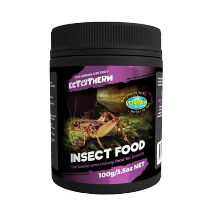 Vetafarm Ectotherm Insect Food 100g for reptiles and amphibians, shown in a clear package with colorful label.