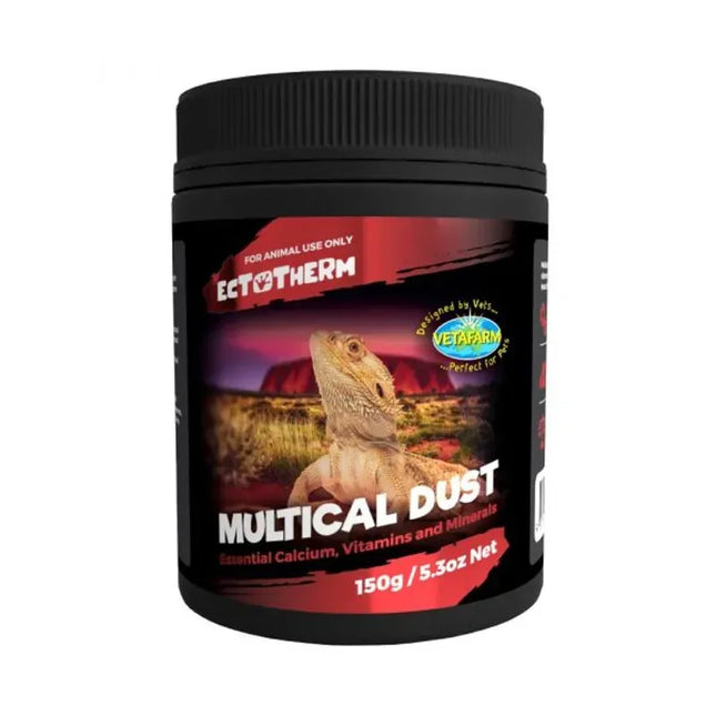 Vetafarm Ectotherm Multical Dust 150G for reptiles, shown in a clear container with pet habitat background.
