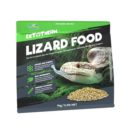 Vetafarm Ectotherm Lizard Food 1kg from Macaw And Friends, suitable for reptile habitat, showing the packaged lizard food.