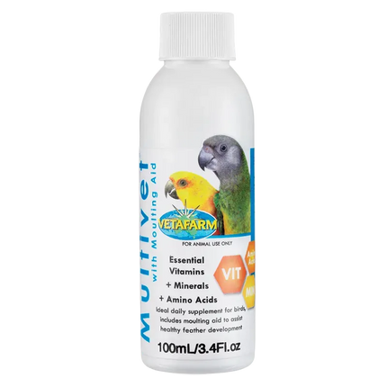 Vetafarm Multivet Liquid for birds in a 100ml bottle, designed for pet bird care and cage accessories by Macaw And Friends.