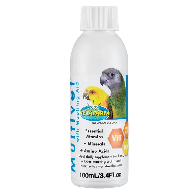 Vetafarm Multivet Liquid for birds in a 100ml bottle, designed for pet bird care and cage accessories by Macaw And Friends.