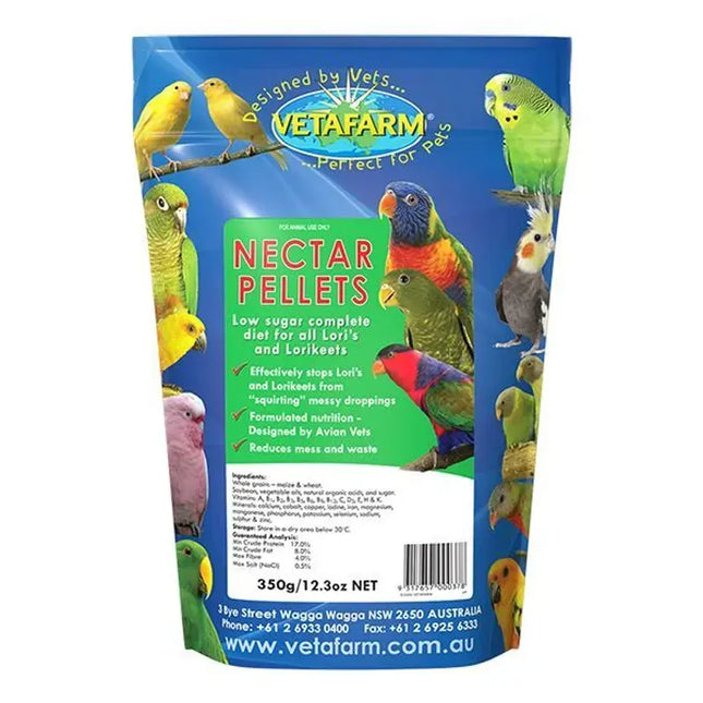 Vetafarm Nectar Pellets 350g for birds, with colorful pellets in a clear package, ideal for macaws and other large parrots.