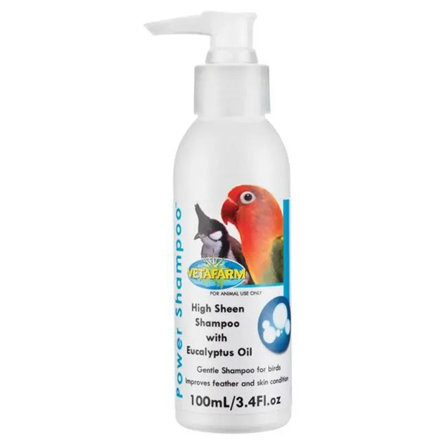 Vetafarm Power Shampoo 100ml for bird cage cleaning, pet care product from Macaw And Friends, suitable for bird grooming and hygiene.