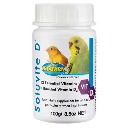 Pet bird drinking from a Vetafarm Soluvite D supplement bottle, bird cage accessory by Macaw And Friends.