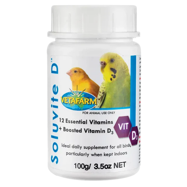 Pet bird drinking from a Vetafarm Soluvite D supplement bottle, bird cage accessory by Macaw And Friends.