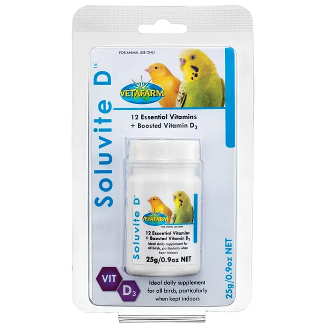 Vetafarm Soluvite D bird supplement in a container for pet bird care, suitable for use with macaws and other large parrots.