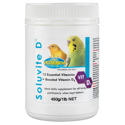 Bird cage accessory featuring Vetafarm Soluvite D supplement in a clear container, designed for Macaw and Friends bird care products.