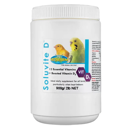 Macaw and Friends Vetafarm Soluvite D supplement for birds, shown in a clear container for pet bird care and cage accessories.
