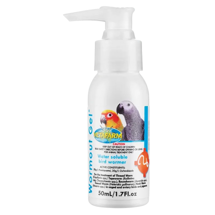 Macaw And Friends Vetafarm Wormout Gel for birds, clear syringe with gel medication, used for bird parasite control.