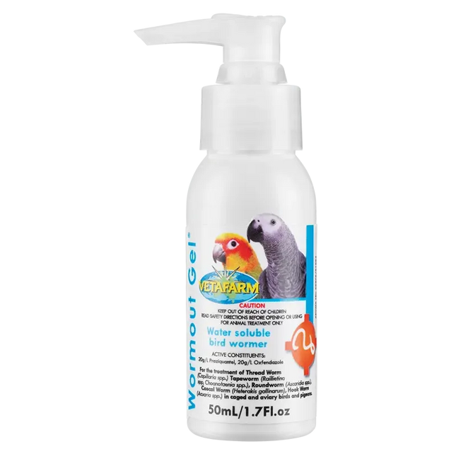 Macaw And Friends Vetafarm Wormout Gel for birds, clear syringe with gel medication, used for bird parasite control.