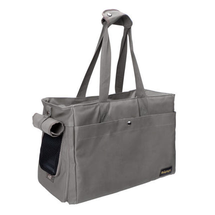 Grey Ibiyaya Canvas Pet Carrier Tote by Macaw And Friends designed for cats and small dogs, featuring a spacious, breathable design.