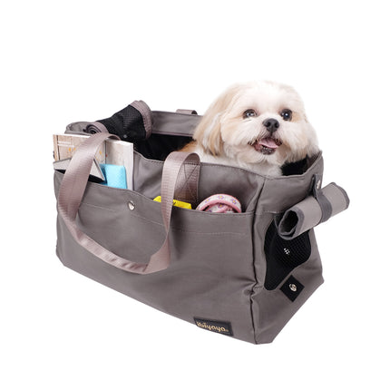 Grey Ibiyaya Canvas Pet Carrier Tote for cats and dogs by Macaw And Friends, showing the soft, stylish pet carrier with mesh vents.