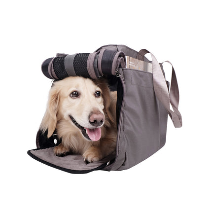 Grey Ibiyaya Canvas Pet Carrier Tote for cats and dogs by Macaw And Friends, showing the spacious, stylish tote with a mesh window.