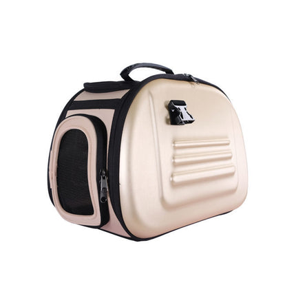 Beige Ibiyaya Classic EVA collapsible pet carrier by Macaw And Friends with breathable mesh panels and sturdy handles.