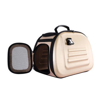 Beige Ibiyaya Classic EVA collapsible pet carrier with mesh windows, sturdy handle, and compact design for travel with small pets.