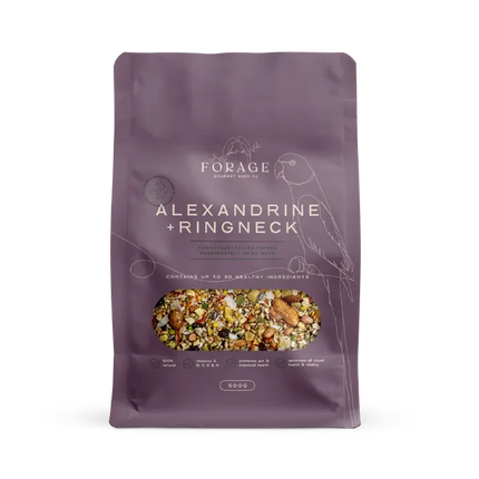 Forage Gourmet Ringneck and Alexandrine bird cage accessories from Macaw And Friends, 500g bird foraging mix for pet parrots.