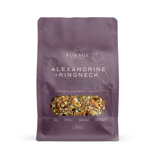 Forage Gourmet Ringneck and Alexandrine bird cage accessories by Macaw And Friends in 500g package, suitable for pet parakeets and parrots.
