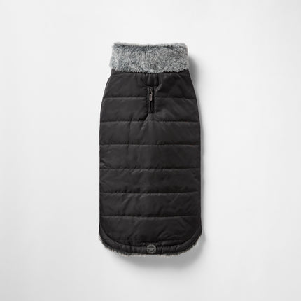 Black fur collar puffer dog jacket by Macaw And Friends, designed for warmth and style in pet dog apparel.