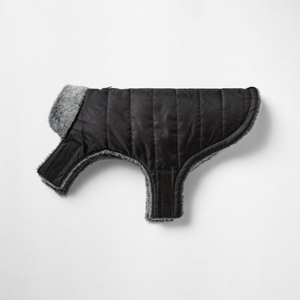 Black fur collar puffer dog jacket by Macaw And Friends from Snooza Wear, designed for warmth and style in pet dog apparel.