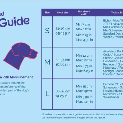 Macaw And Friends Company of Animals Halti Optifit headcollar size guide showing adjustable fit for dog training and control.