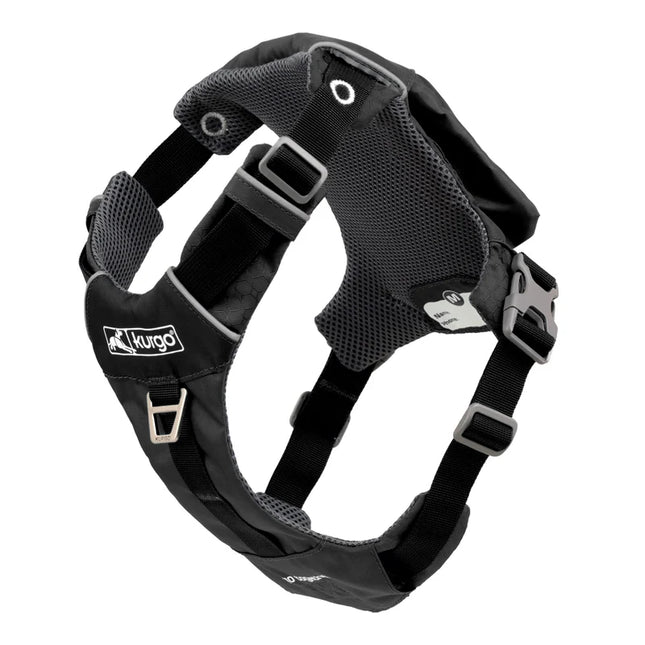 Kurgo Stash n’ Dash Large dog harness with black and pink straps, adjustable fit, designed for comfortable pet security.
