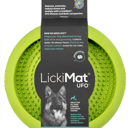 Lickimat UFO slow food anti-anxiety dog bowl by Macaw And Friends, featuring a colorful, textured surface for licking and calming.