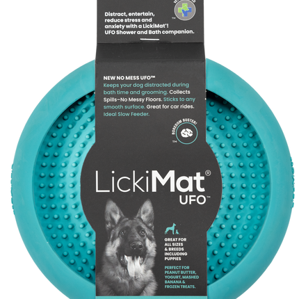 Macaw and Friends Lickimat UFO slow feeder dog bowl with textured surface for anti-anxiety licking and mental stimulation.