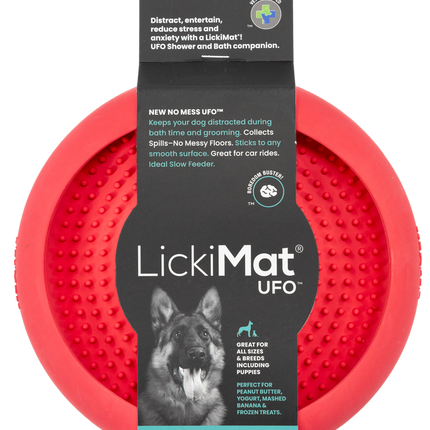 Macaw and Friends Lickimat UFO slow food anti-anxiety dog bowl with textured surface for licking and calming pets.
