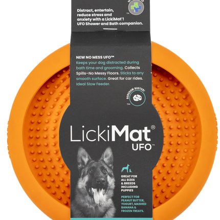 Lickimat UFO slow food anti-anxiety dog bowl by Macaw and Friends, textured silicone surface for calming licking activity.