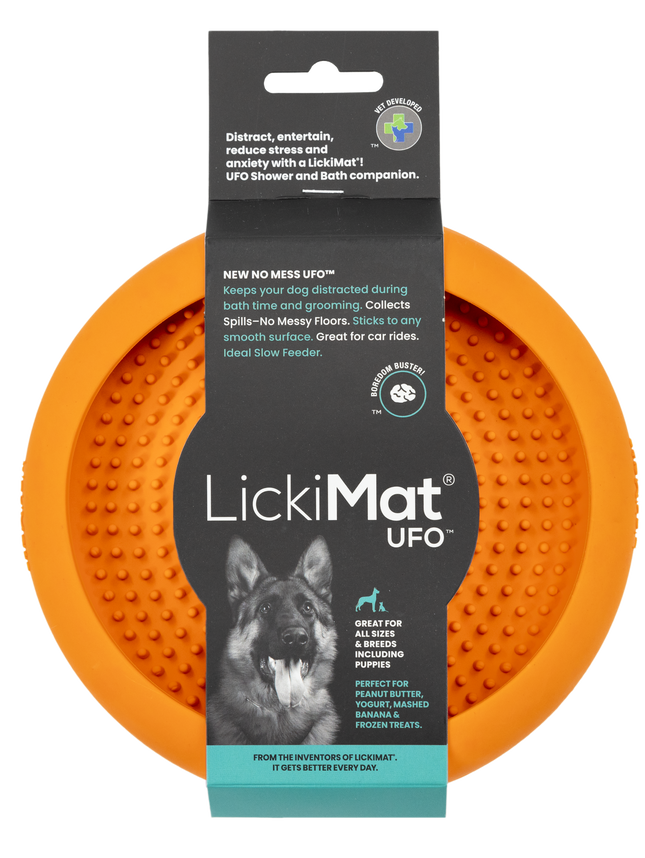 Lickimat UFO slow food anti-anxiety dog bowl by Macaw and Friends, textured silicone surface for calming licking activity.