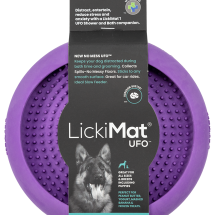 Lickimat UFO slow food anti-anxiety dog bowl by Macaw And Friends, featuring a textured silicone surface for licking and calming.