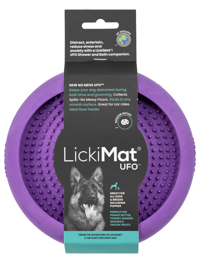 Lickimat UFO slow food anti-anxiety dog bowl by Macaw And Friends, featuring a textured silicone surface for licking and calming.