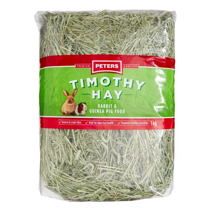 Timothy hay for rabbits and guinea pigs, 1kg pack by Macaw And Friends, showing fresh green hay in a clear bag.