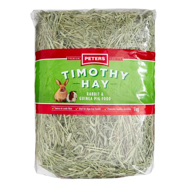 Timothy hay for rabbits and guinea pigs, 1kg pack by Macaw And Friends, showing fresh green hay in a clear bag.