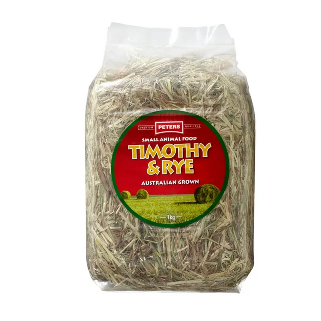 Timothy & Rye Hay 1Kg for small animals, shown in a clear image, by Macaw And Friends, ideal for pet dietary needs