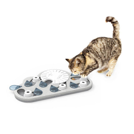 Macaw and Friends Nina Ottosson Puzzle & Play Rainy Day Treat Dispensing Cat Toy with colorful compartments and sliding puzzle pieces.