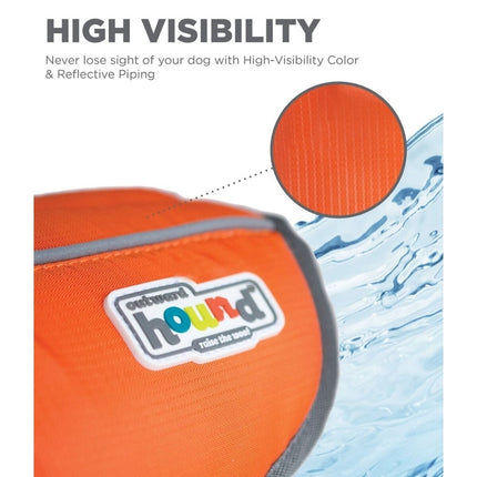 Outward Hound Granby Splash dog life jacket by Macaw And Friends, bright orange with adjustable straps and a handle for safety.