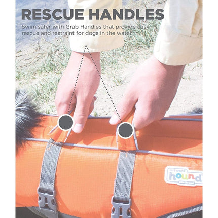 Outward Hound Granby Splash dog life jacket by Macaw And Friends with adjustable straps and bright orange safety color.