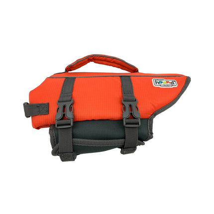 Dog wearing Outward Hound Granby Splash life jacket by Macaw and Friends, with adjustable straps and bright orange color.