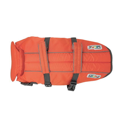 Outward Hound Granby Splash dog life jacket with bright orange color, adjustable straps, and handle for safety during water activities.
