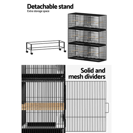 Large black i.Pet bird cage by Macaw And Friends with spacious 175cm aviary for pet birds, featuring multiple perches and feeders.