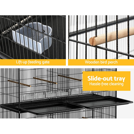 Large black Macaw and Friends bird cage, 175cm tall, spacious aviary with multiple perches and feeding stations for pet birds.