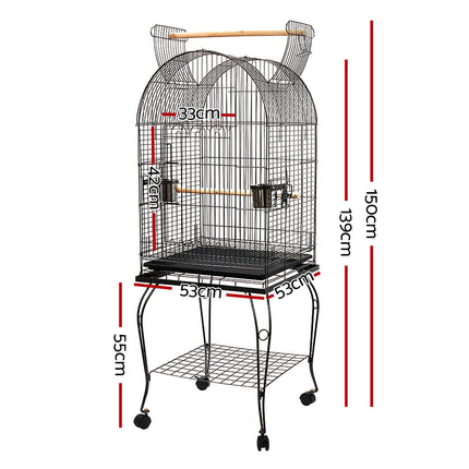 Large black Macaw and Friends bird cage, 150cm aviary with spacious metal bars for pet bird care and exercise.