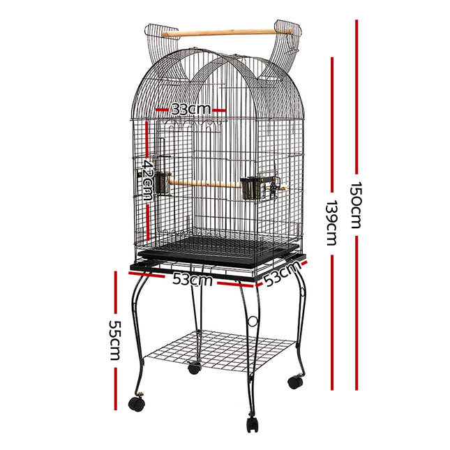 Large black Macaw and Friends bird cage, 150cm aviary with spacious metal bars for pet bird care and exercise.