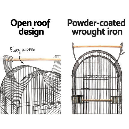 Large black i.Pet bird cage by Macaw And Friends, 150cm aviary with spacious design for pet birds, featuring perches and feeding areas.