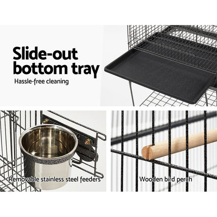 Large black i.Pet bird cage by Macaw And Friends with 150cm tall aviary for pet birds, featuring spacious wire design and access doors.