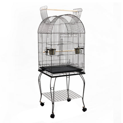 Large black i.Pet bird cage by Macaw And Friends, 150cm tall, spacious aviary for pet birds with perches and feeding areas.