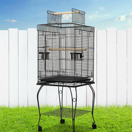 Large black i.Pet bird cage by Macaw And Friends, 145cm aviary with multiple perches and spacious design for pet birds.